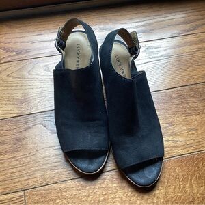 LUCKY BRAND Slingback open toe block heel Sandal Black Leather 8M